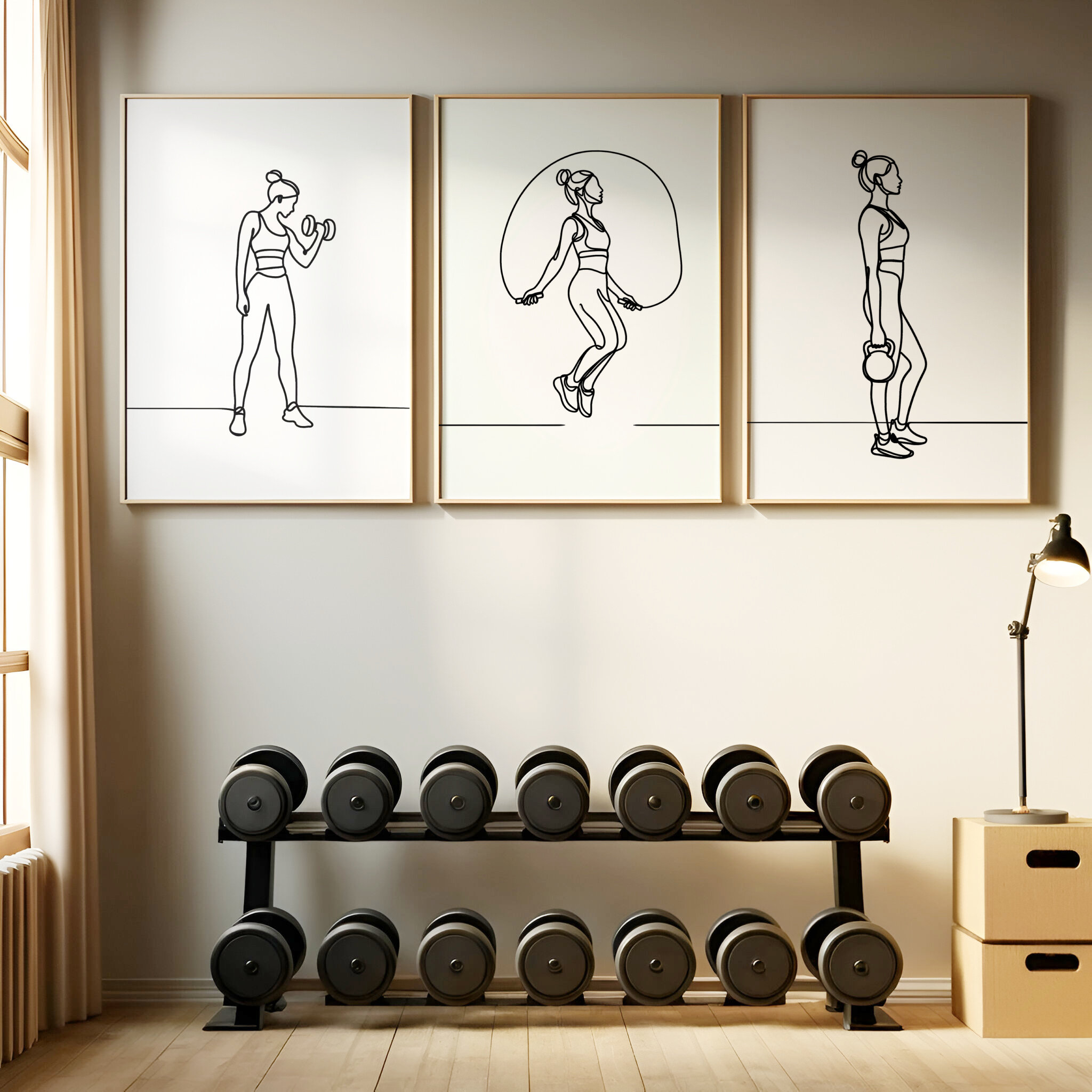 Yoga Fitness Studio - 3-teiliges Kunstposter-Set mit Fitness-Mädchen-Motiven: Linienkunst, Gewichtheben